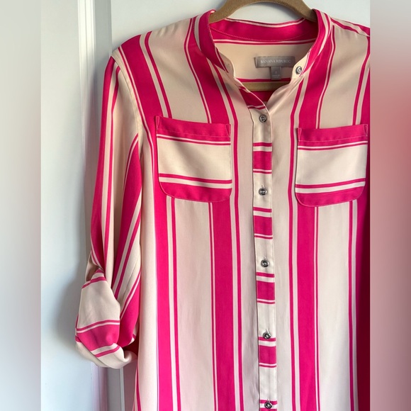 New Banana Republic Striped Button Front Blouse Roll Tab Sleeves Pink White S - Picture 5 of 7
